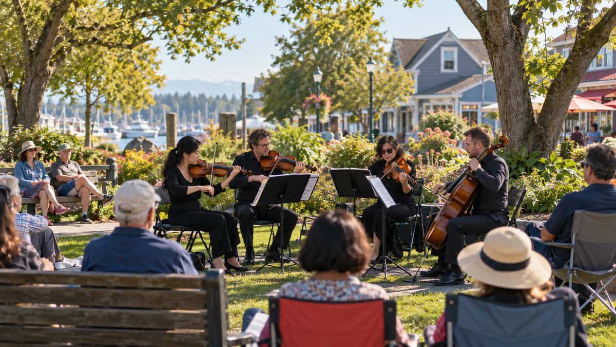 Illustration of a free outdoor string-quartet concert in a Steveston village park, Richmond BC
