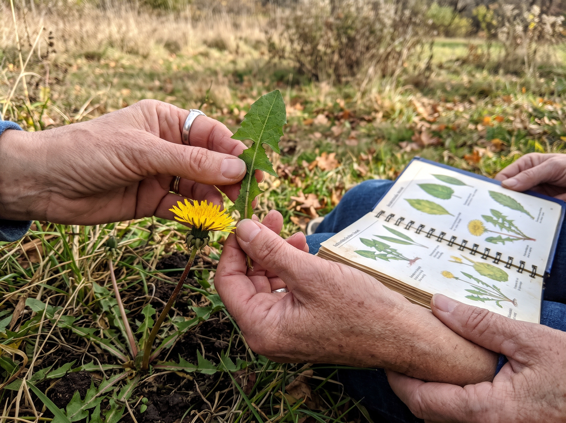 Illustrative scene: Candid close-up smartphone photo: mature woman's hands holding a real dandelion leaf beside a yellow dandelion plant outdoors, an open field identification book without readable text on her lap