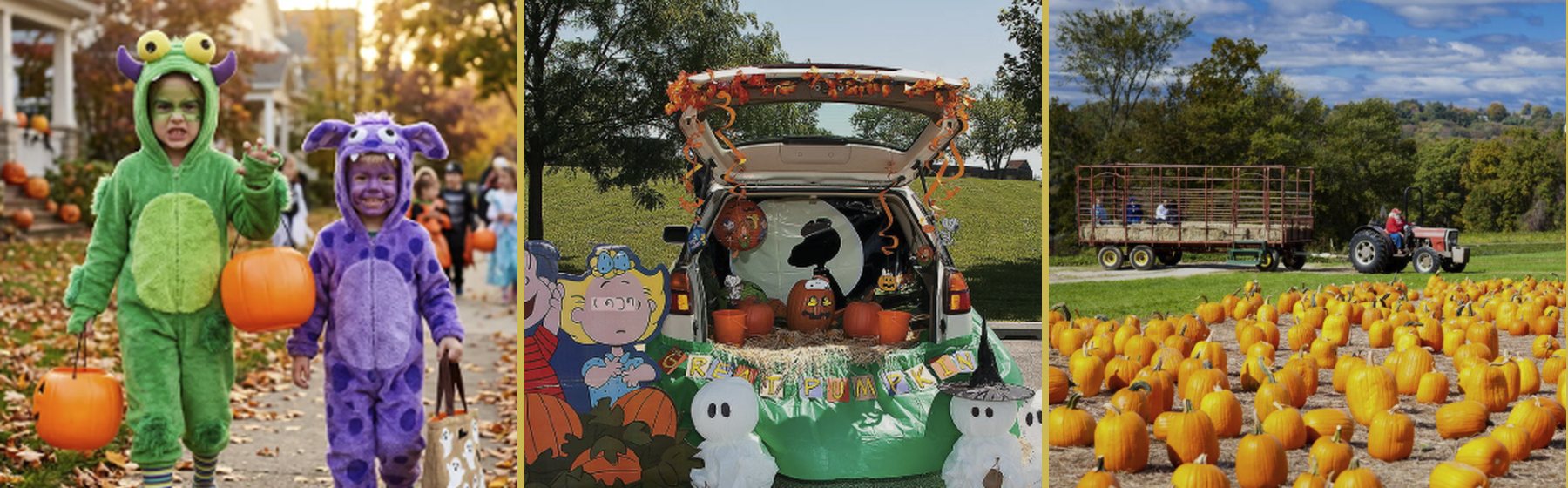Kids in Halloween costumes, a decorated trunk and a hayride at a pumpkin patch