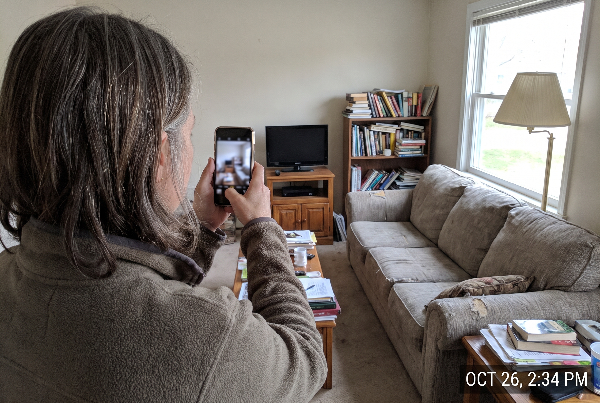 A woman photographs the furniture and belongings in her living room.