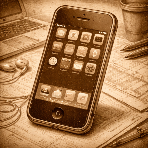 A first-generation iPhone shown as a simple front-facing device silhouette with icons implied (no text)