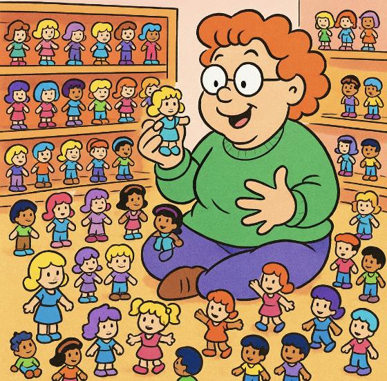 A woman proudly displaying shelves of colorful Polly Pocket toys