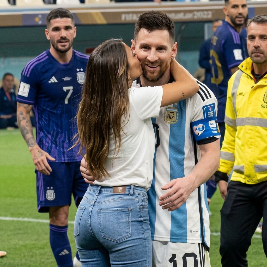 A woman sprinting across a soccer field to hug a Messi-shaped collection of pixels