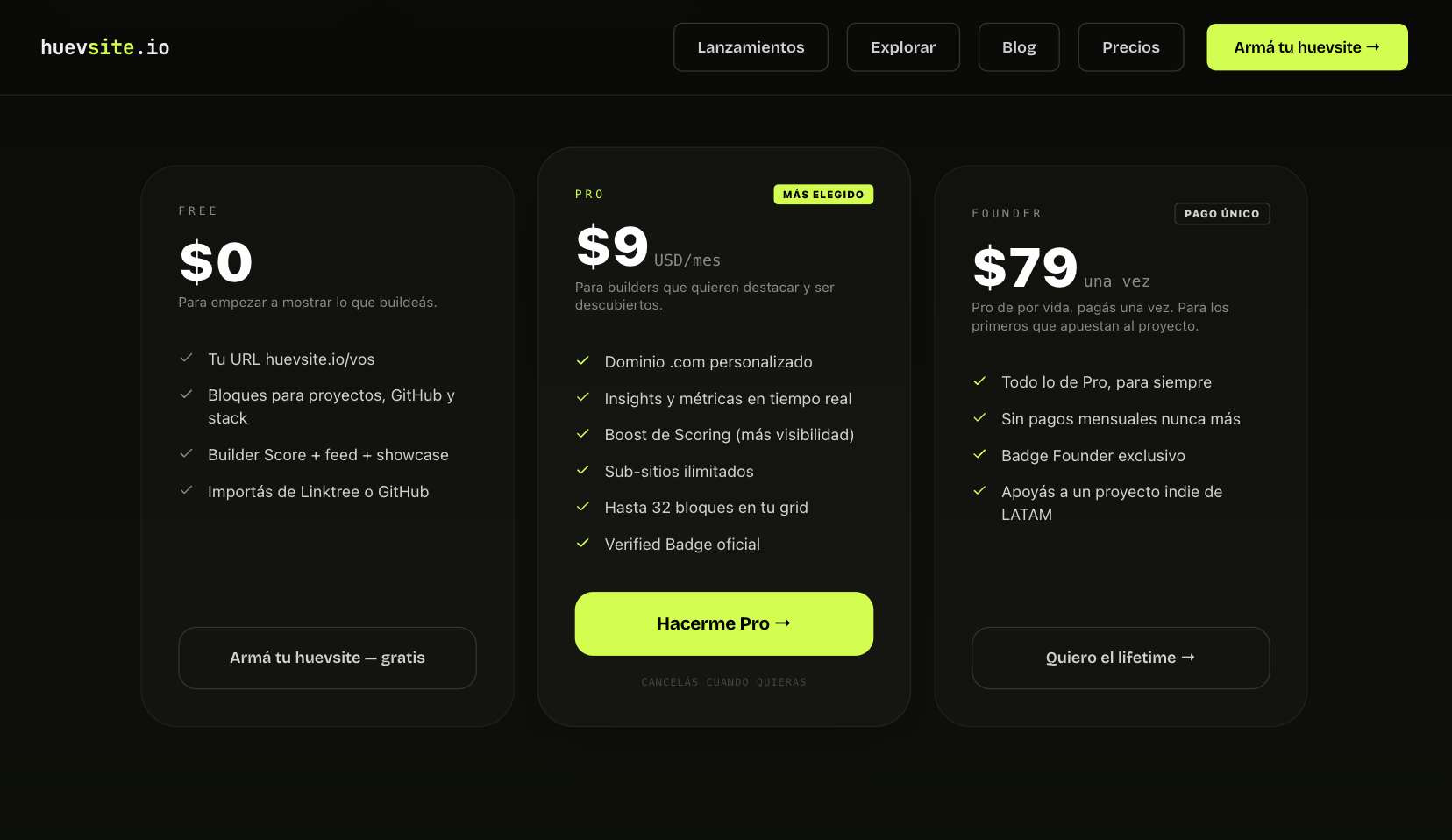 pricing nuevo de huevsite.io: free, pro $9 y founder de por vida