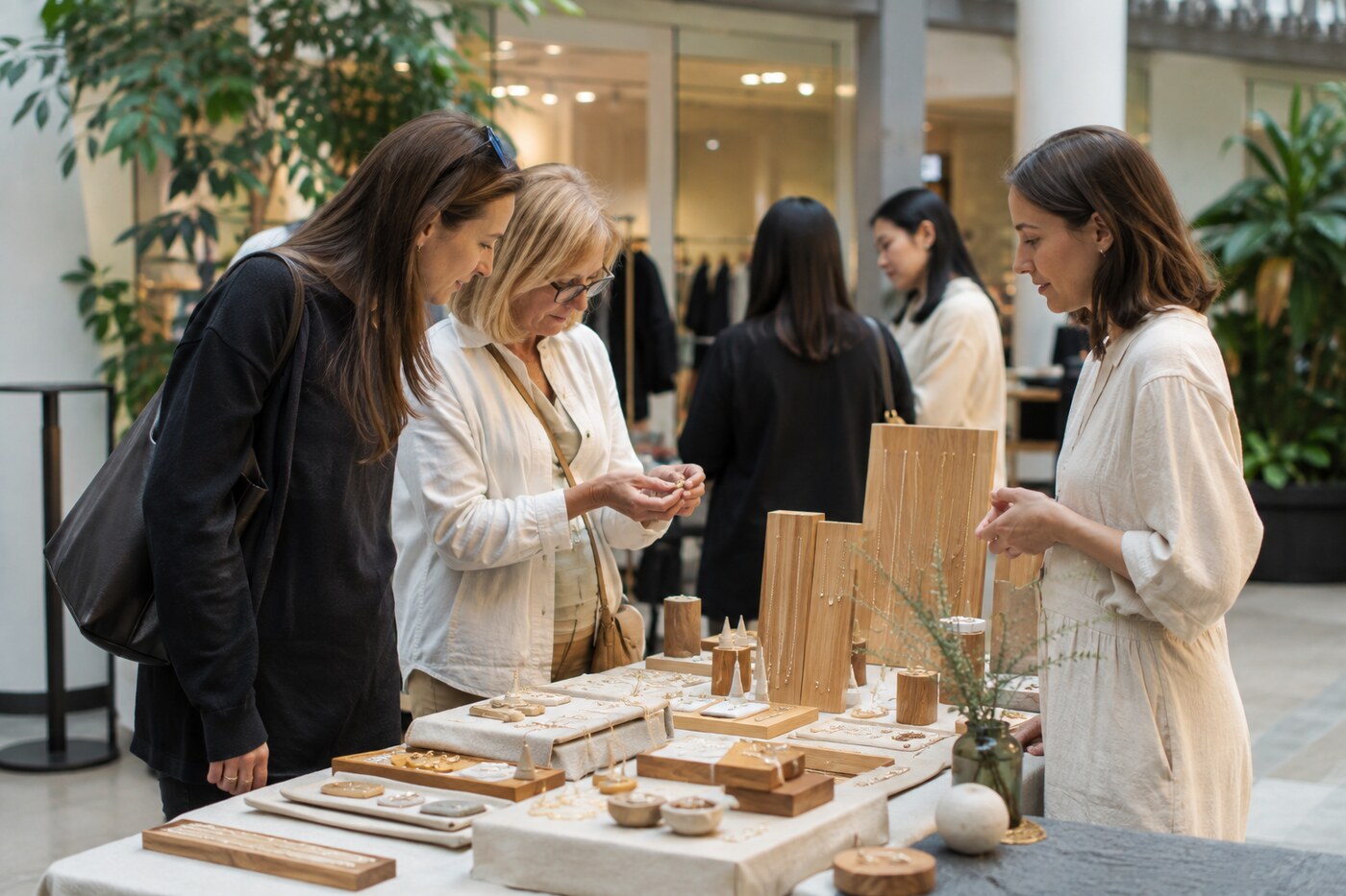 Minimal wellness market table with yoga accessories and natural products inside a bright retail space