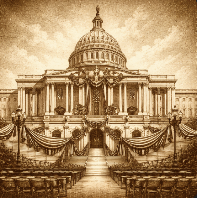 Neoclassical government building façade with flags and ceremonial architecture, no text or people visible