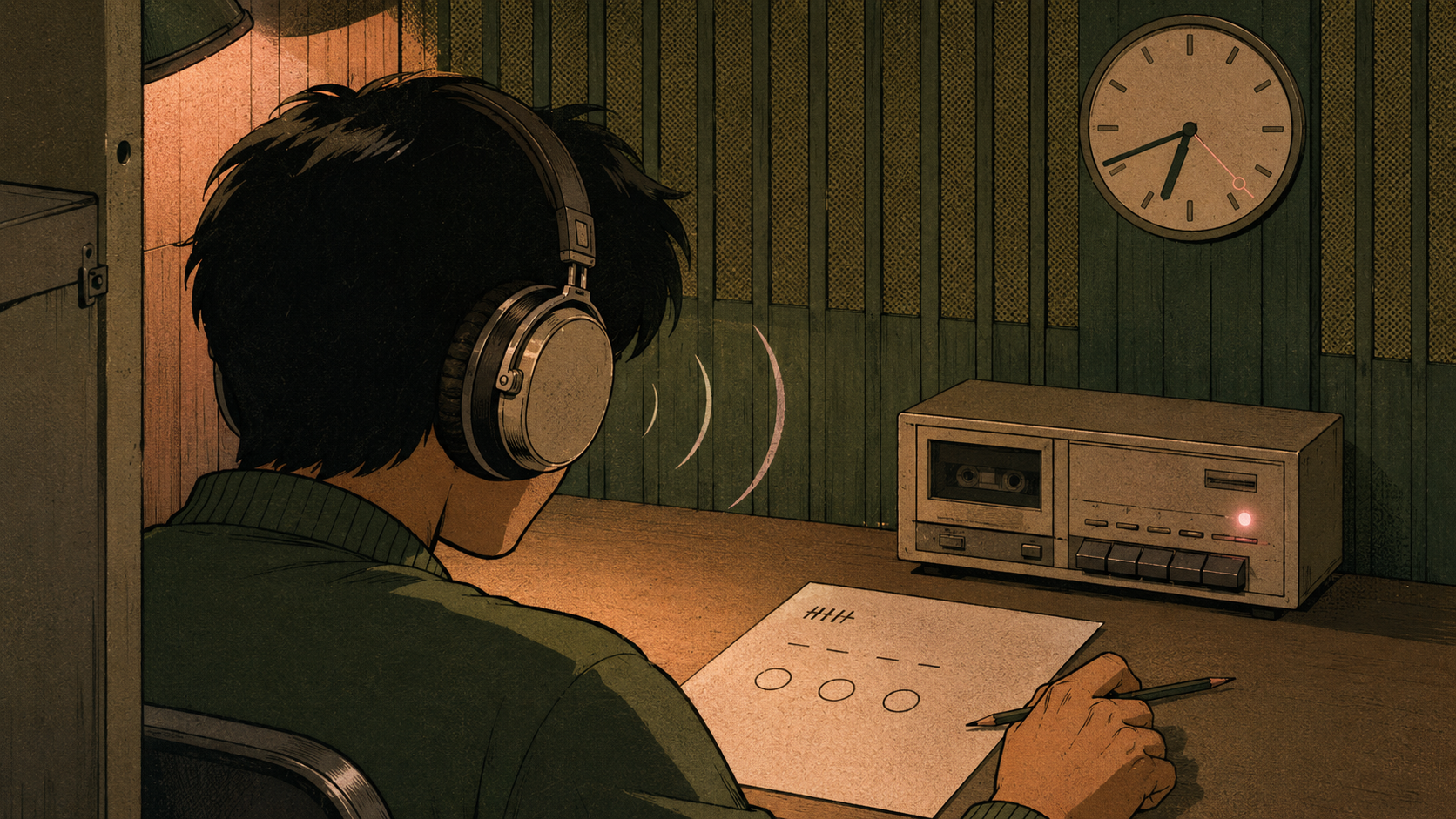 A vintage anime view from low-rear-three-quarter angle of a single seated candidate in a Showa-era language-lab listening booth at evening. The candidate wears a deep matcha-green sweater, heavy 1980s headphones with a coiled cord trailing to a beige cassette deck on the desk. A small red LED glows on the deck in soft blush. The candidate's pencil hovers over a test sheet showing only abstract hash marks and three empty answer dots. A small institutional clock on the back wall reads 6:42. Three faint motion arcs ripple outward from the headphone cup — the audio has just ended and the options are vanishing. Soft warm lamp light from the upper-left catches the jaw and the headphone cup.