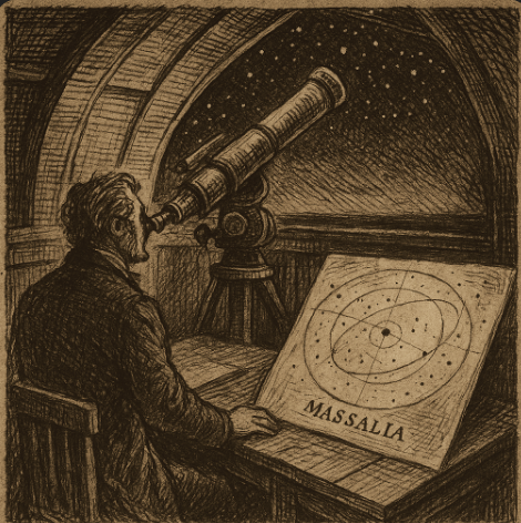Sepia sketch of astronomer observing an asteroid, or orbiting celestial body map