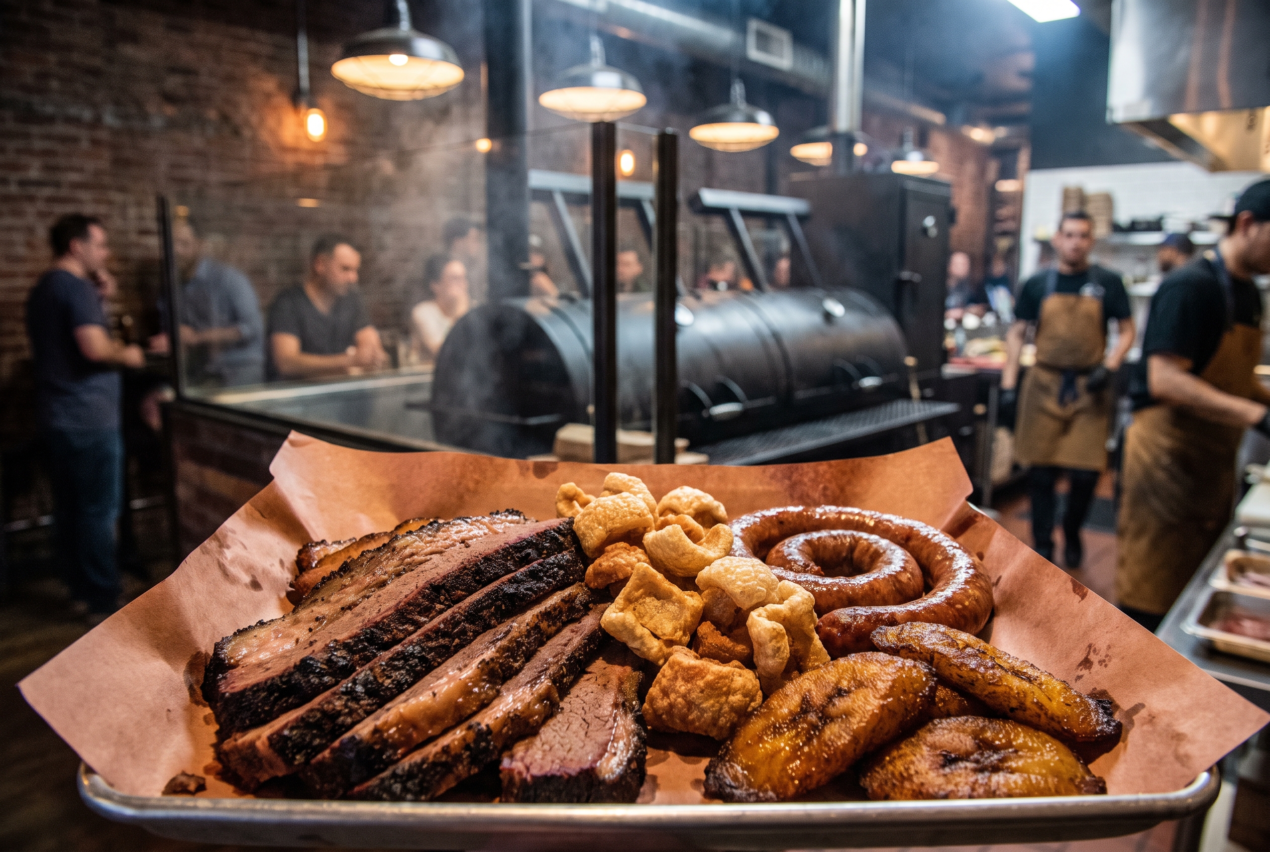 Tray of smoked brisket with smokers behind glass