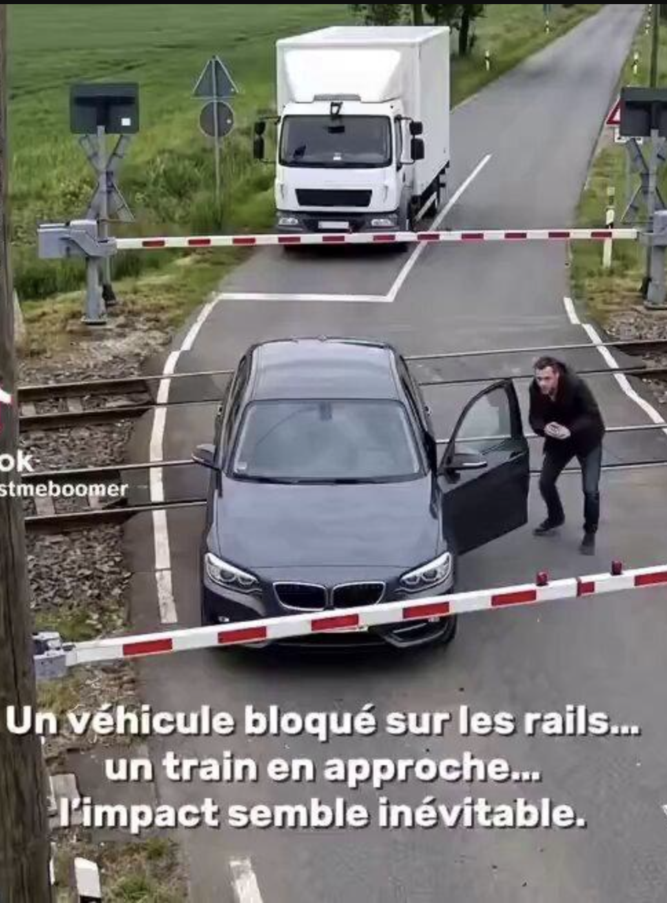 A delivery truck pushing a sedan off a railroad crossing past lowered barriers as a train approaches, a scene generated with AI