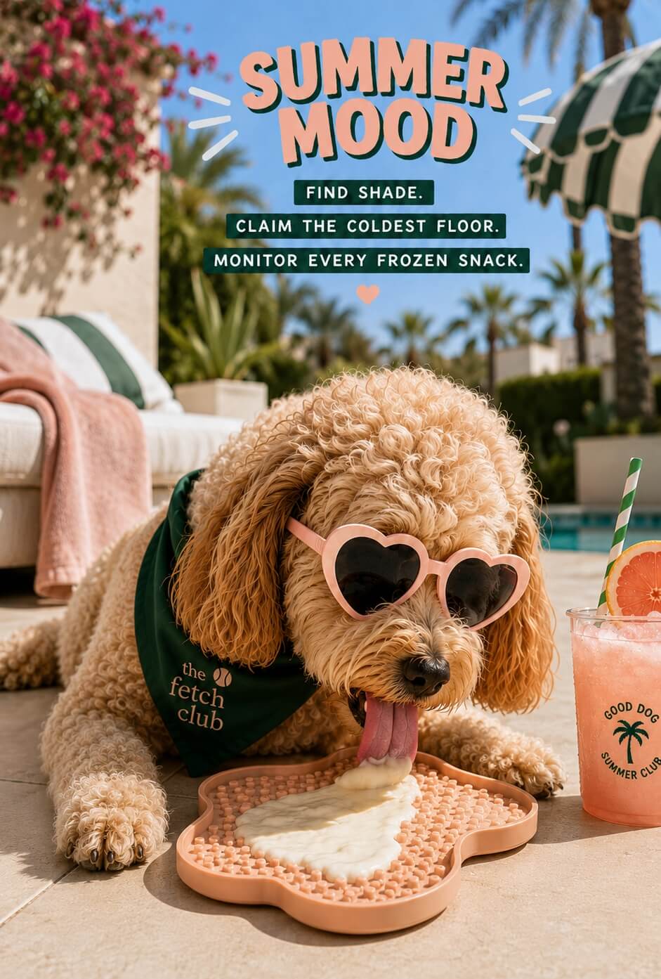 Summer Mood: a dog enjoying frozen yogurt from a lick mat beside the pool