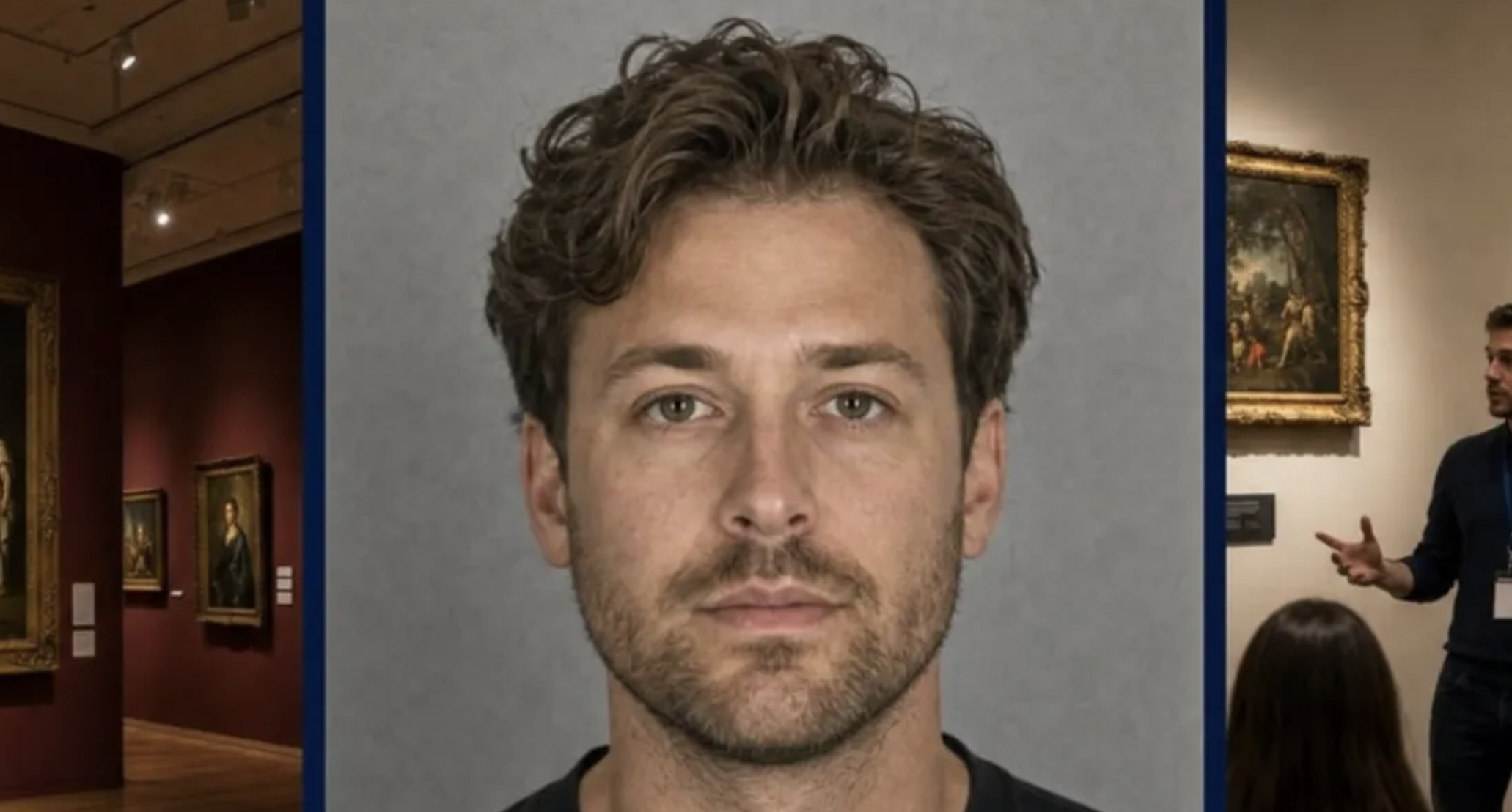 A fake ‘news’ mugshot of a man ‘arrested’ for inventing museum stories, really just a satire post
