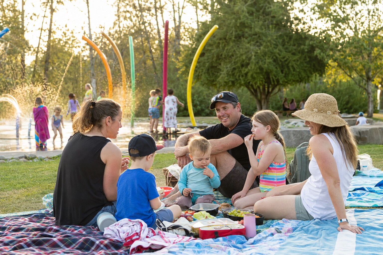 Families sharing a picnic dinner on blankets beside a colourful splash park in warm evening light