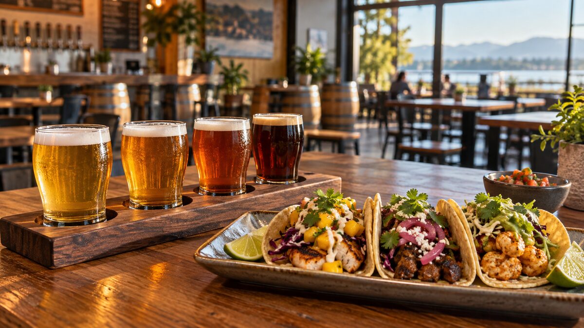 Photorealistic editorial illustration of a craft beer flight and tacos at a Delta BC brewery
