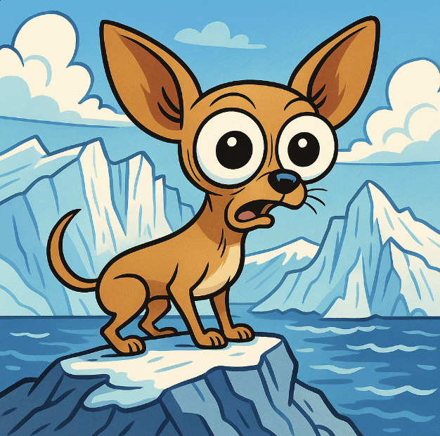 A cartoonish chihuahua on a glacier edge, exaggerated wide eyes and heroic pose against snowy peaks - Vibrant colors, cartoon style with exaggerated content. An art style mix of Family Circus and The Jetsons.