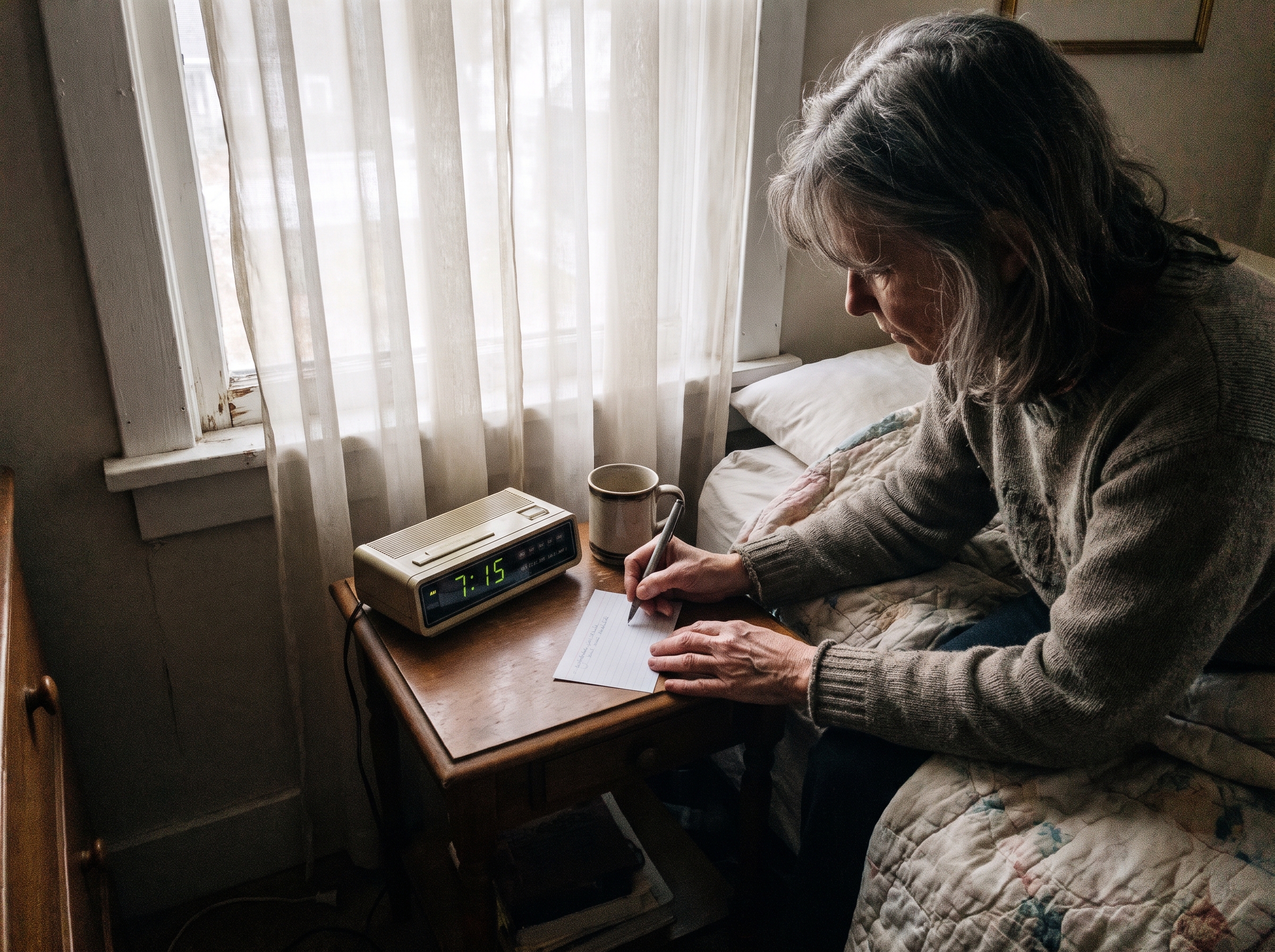 Illustrative household action: Woman about 55 writes a simple morning routine on a plain card beside a bedside clock and open curtains with soft morning light. No pills, no visible readable writing.