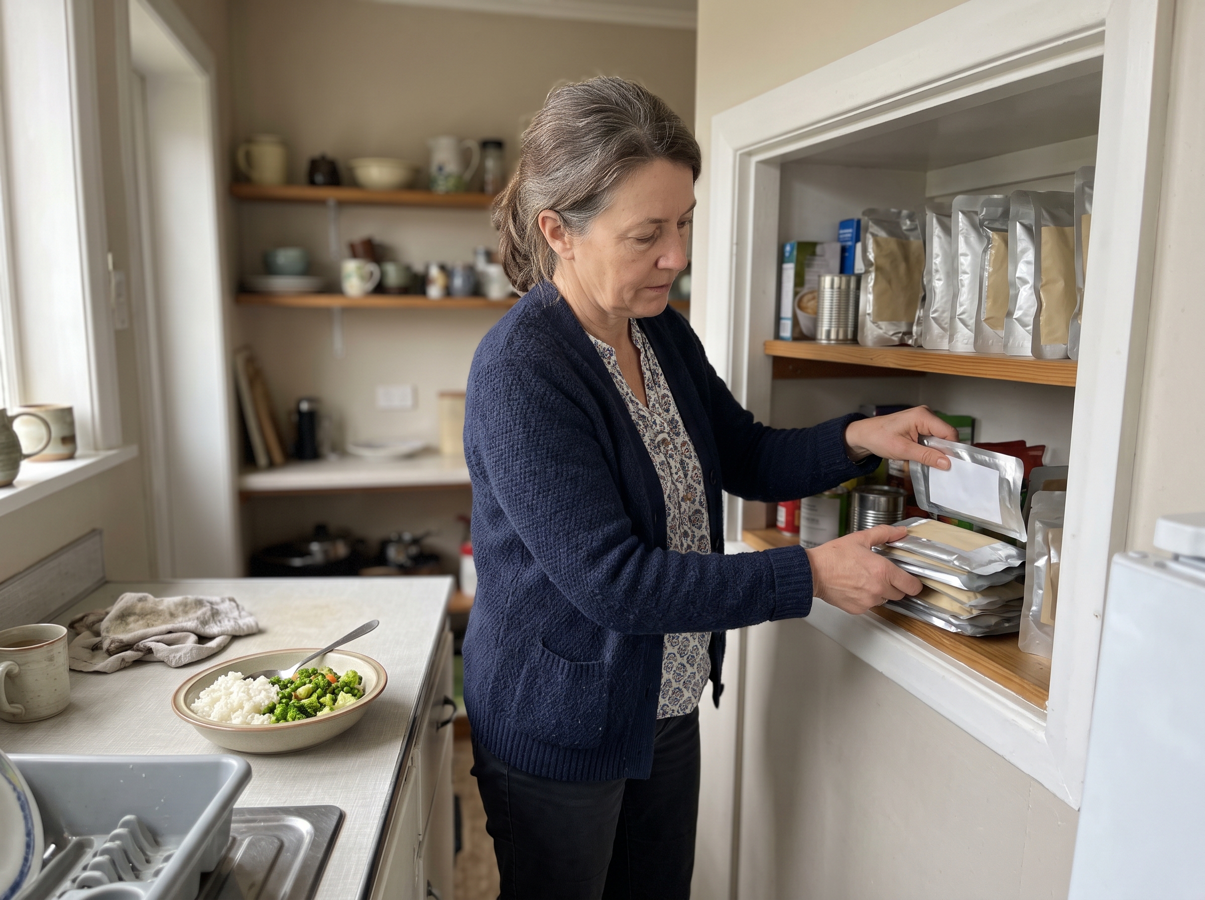 Illustrative scene: Smartphone photograph of a woman about 55 organizing sealed generic long-life food pouches on a small pantry shelf, an ordinary cooked bowl of rice and vegetables visible on nearby counter