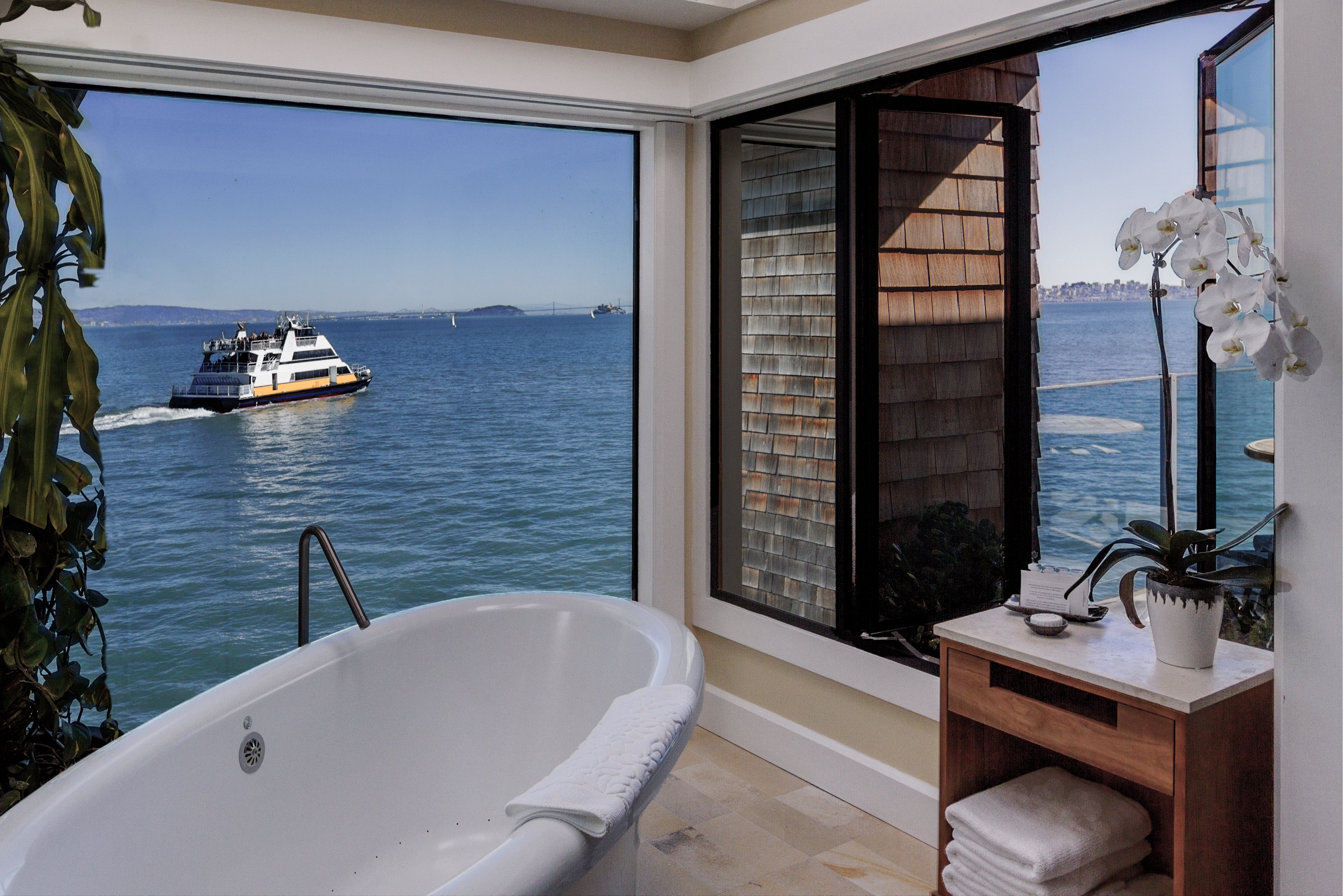 Freestanding bathtub overlooking San Francisco Bay at The Inn Above Tide