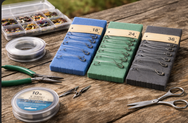 Fishing leaders pre tied and wrapped on foam