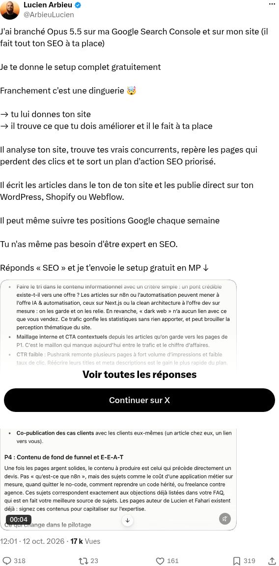 Post de Lucien sur X avec le compteur de 318 commentaires visible en bas à gauche.
