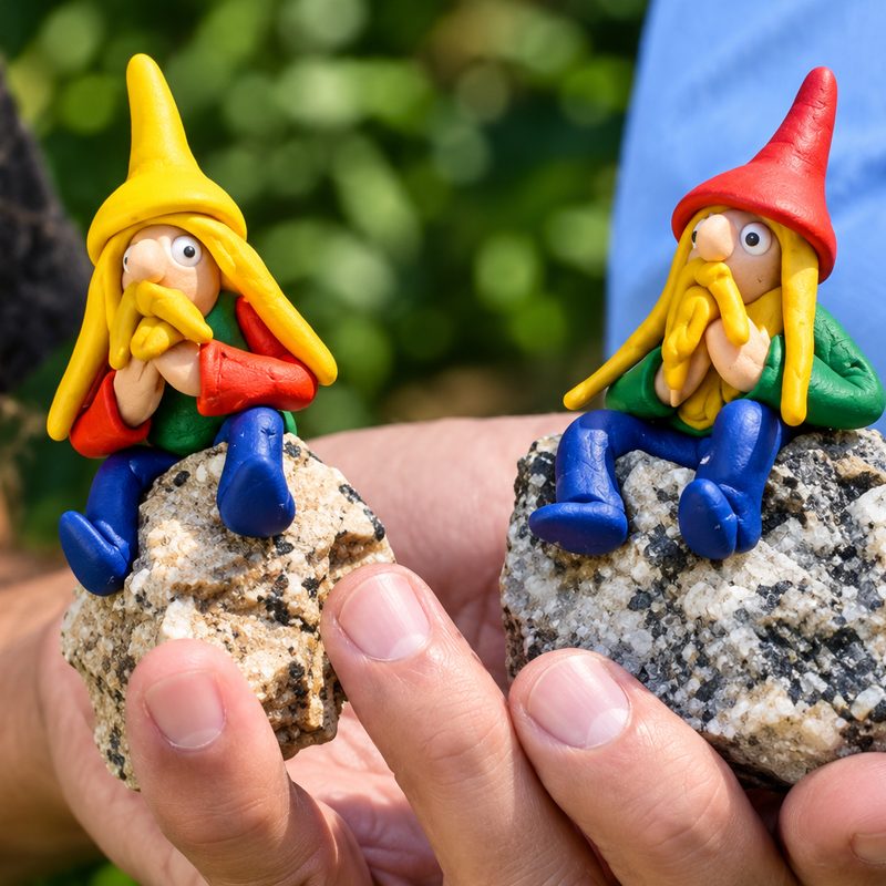 Miniaturas artesanais de duendes sobre pedras, feitas pelo Duende de Taquaruçu na Toca do Duende, roteiro de turismo e arte em Taquaruçu, Palmas, Tocantins – Assine Dose