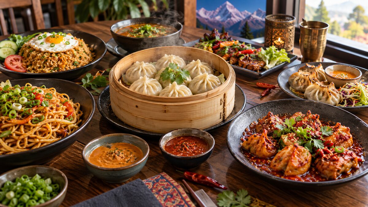 Photorealistic editorial illustration of Nepalese momos and Indo-Chinese dishes in North Delta