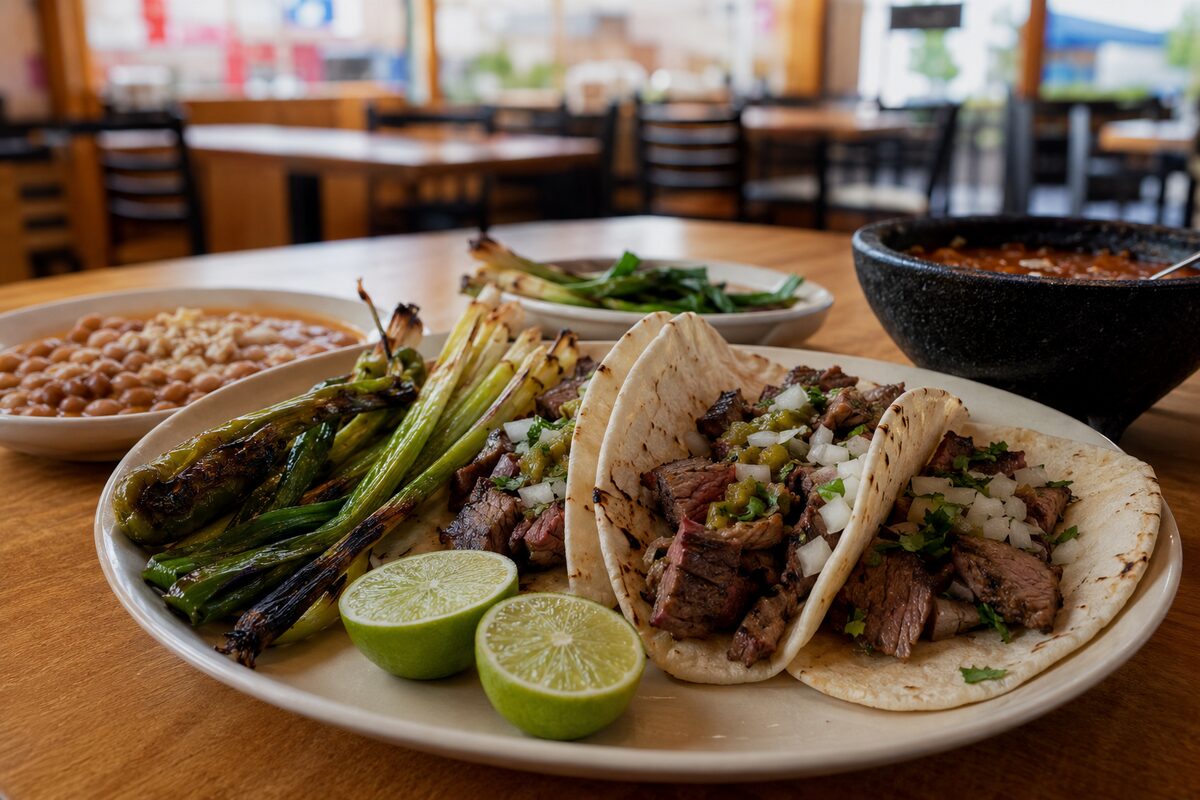 Carne asada tacos on flour tortillas with grilled onions, lime, salsa and beans