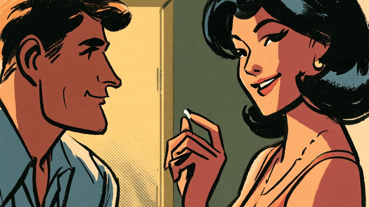 A retro comic-style illustration of a woman smiling and holding up a small pill to a man