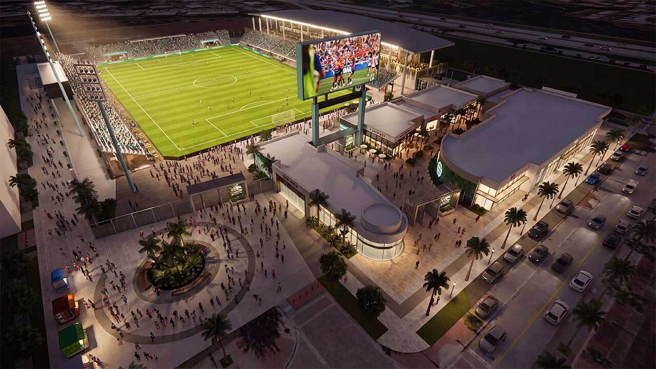 Artist rendering of Port St. Lucie SC's planned 6,000-seat stadium at Walton & One