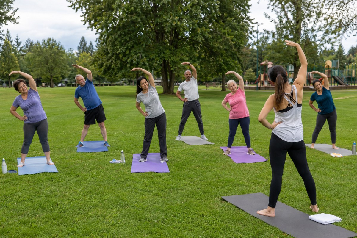 Adults following an instructor during a gentle outdoor stretching class in a green community park