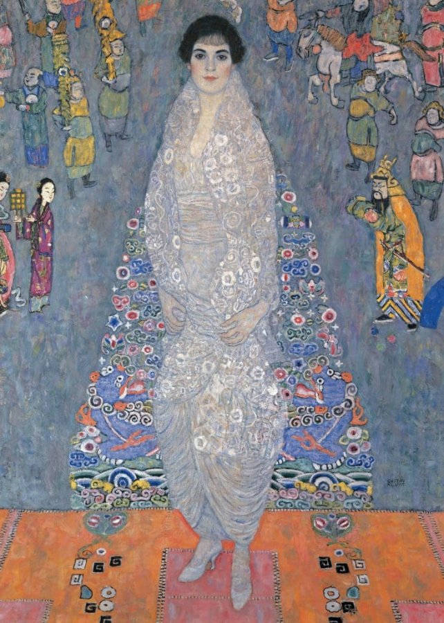 Painting of a young woman with short dark hair in a sheer patterned robe, standing before blue dragons, flowers, and small figures, on an orange rug