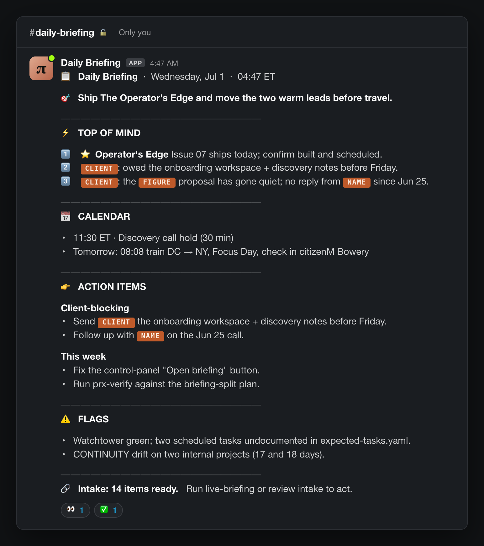 The Slack notification the briefing posts when it is done
