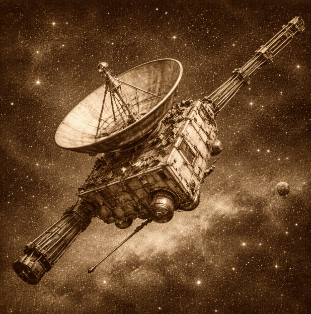 A vintage-style technical illustration of a deep-space probe with a dish antenna and instrument booms, set against a sparse starfield (no text, no people)