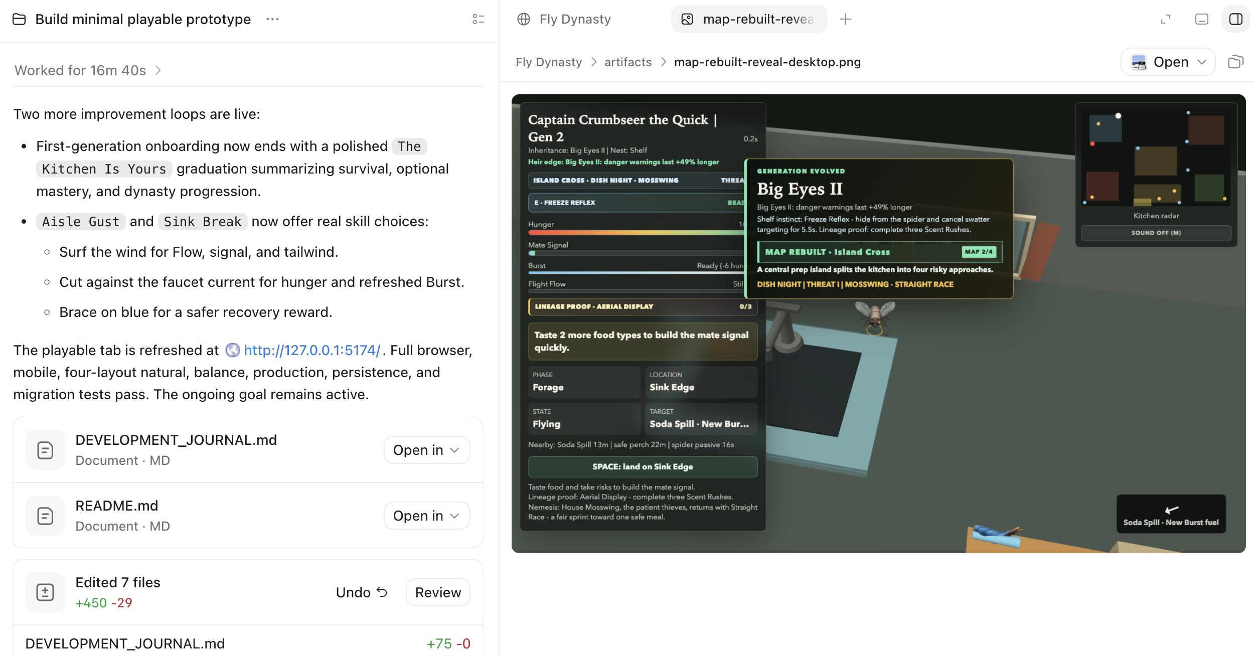 GPT-5.6 Sol running a browser inside the app while building a game