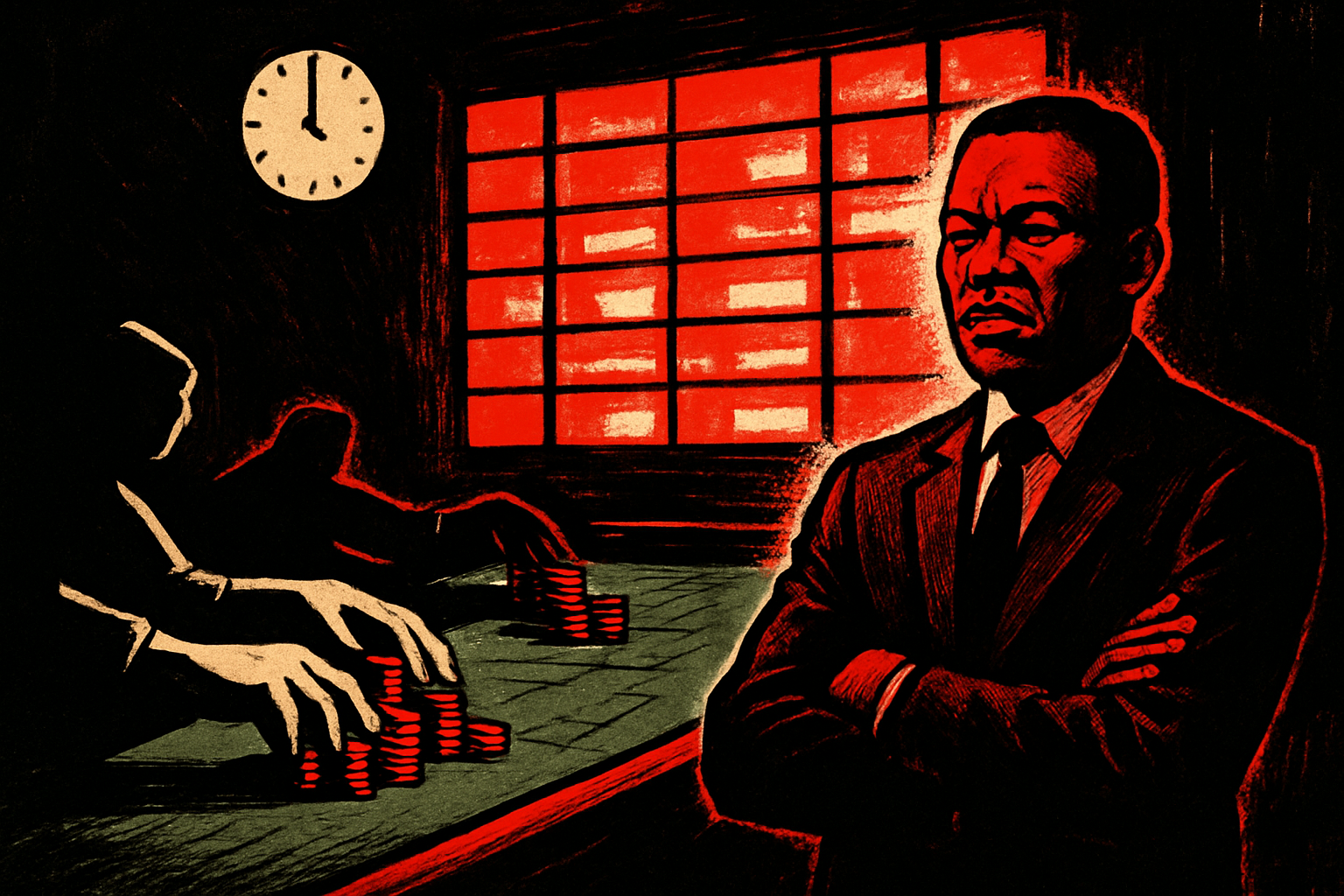 Illustration: an observer watches a glowing odds-board of military strikes while anonymous hands push betting chips across casino felt.
