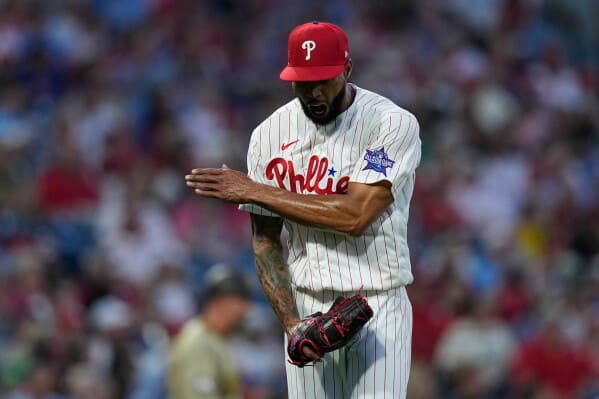 Cristopher Sanchez pitching for Philadelphia Phillies during his historic 50-inning scoreless streak in 2026
