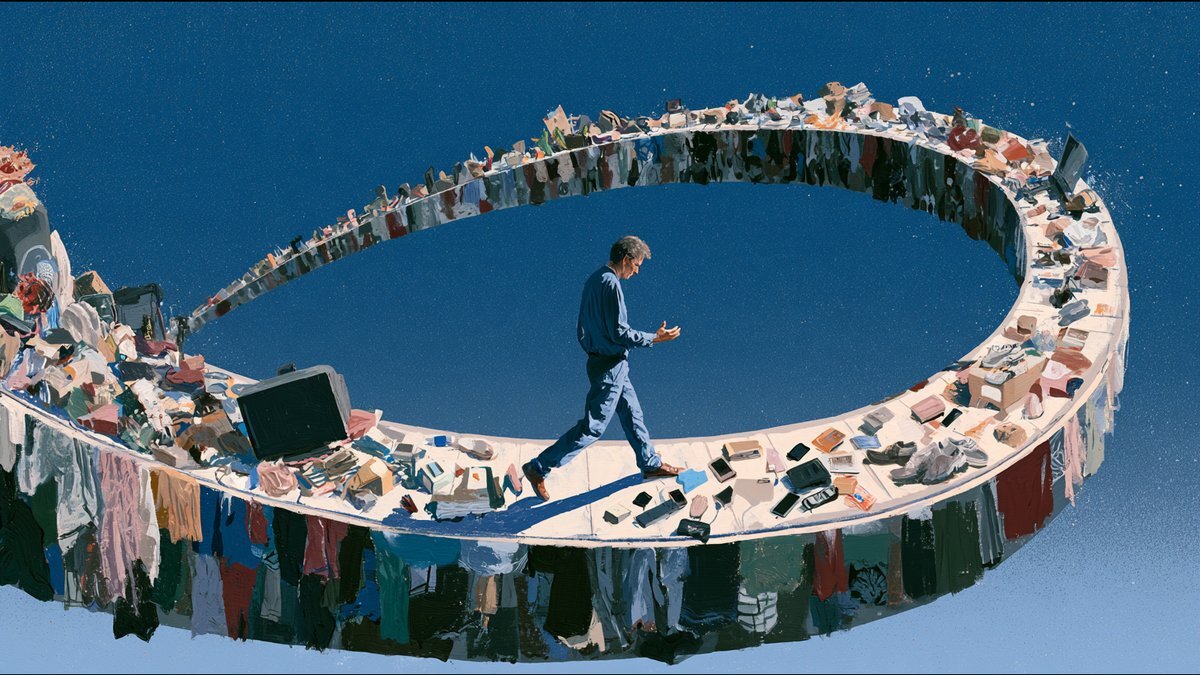 A painted illustration of a man walking along a looping track piled with clothes, shoes and gadgets
