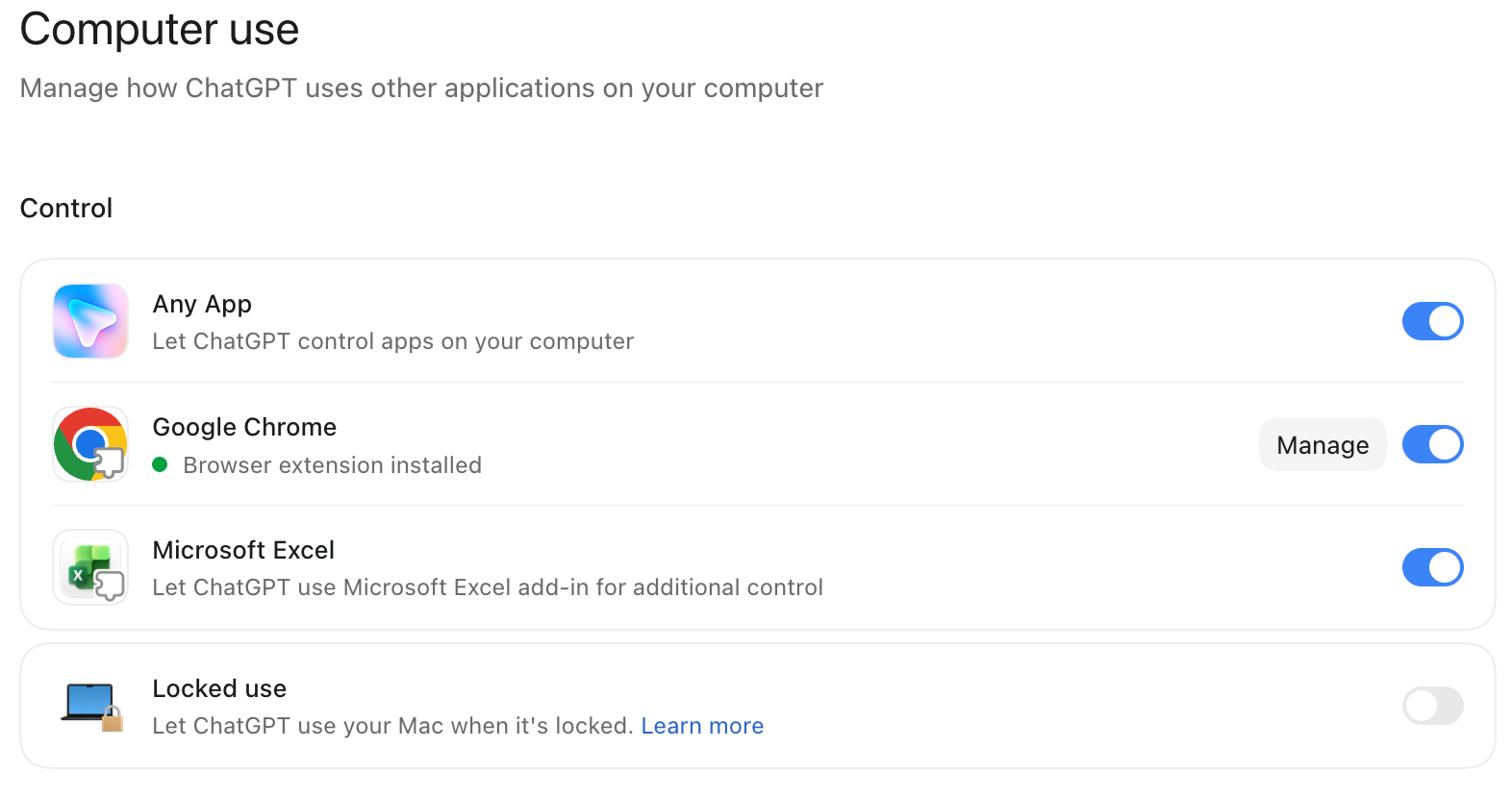 ChatGPT Work settings showing Computer Use enabled for apps on a Mac