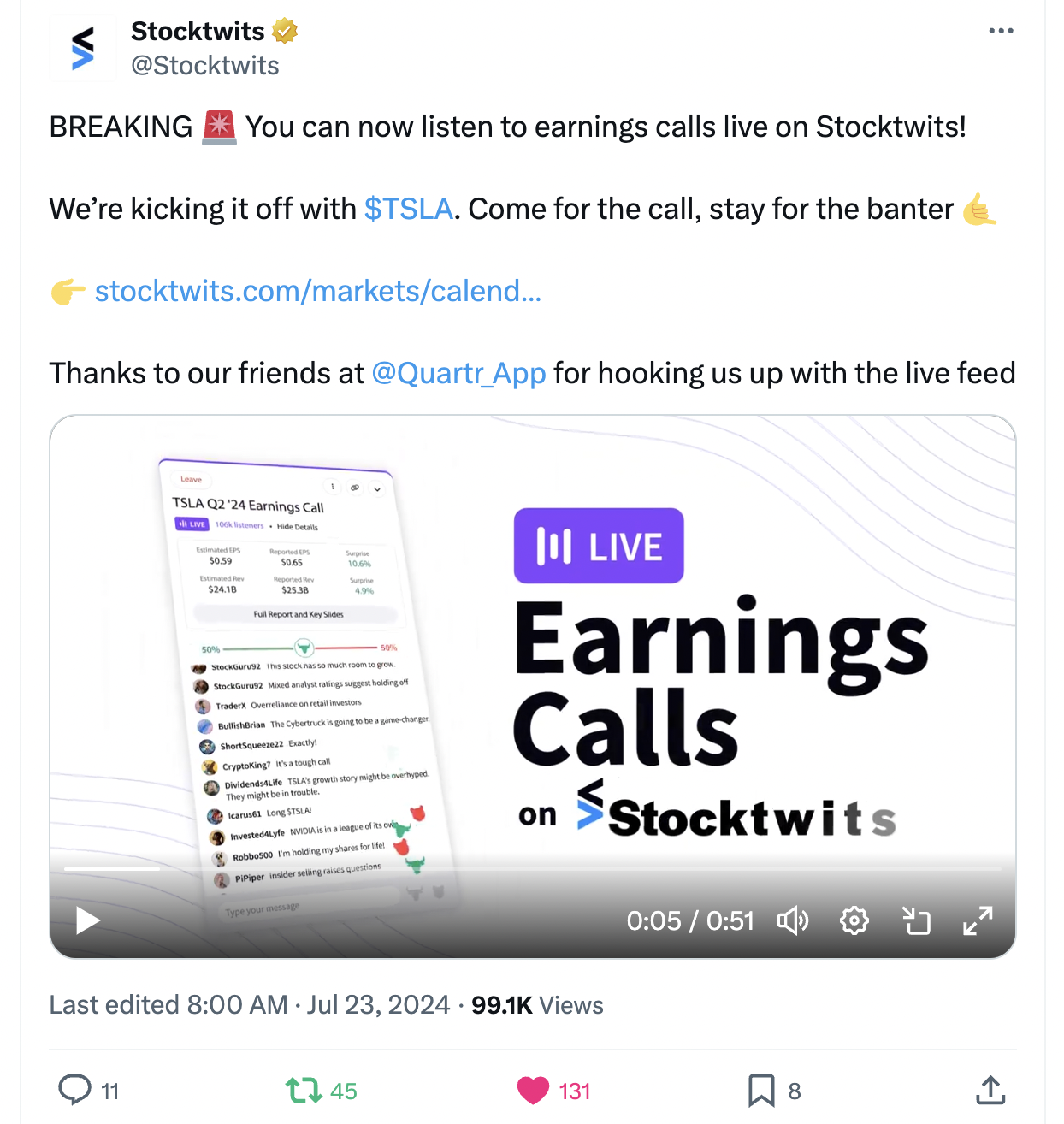 New From Stocktwits Live Earnings Calls With Unique Chat and Sentiment