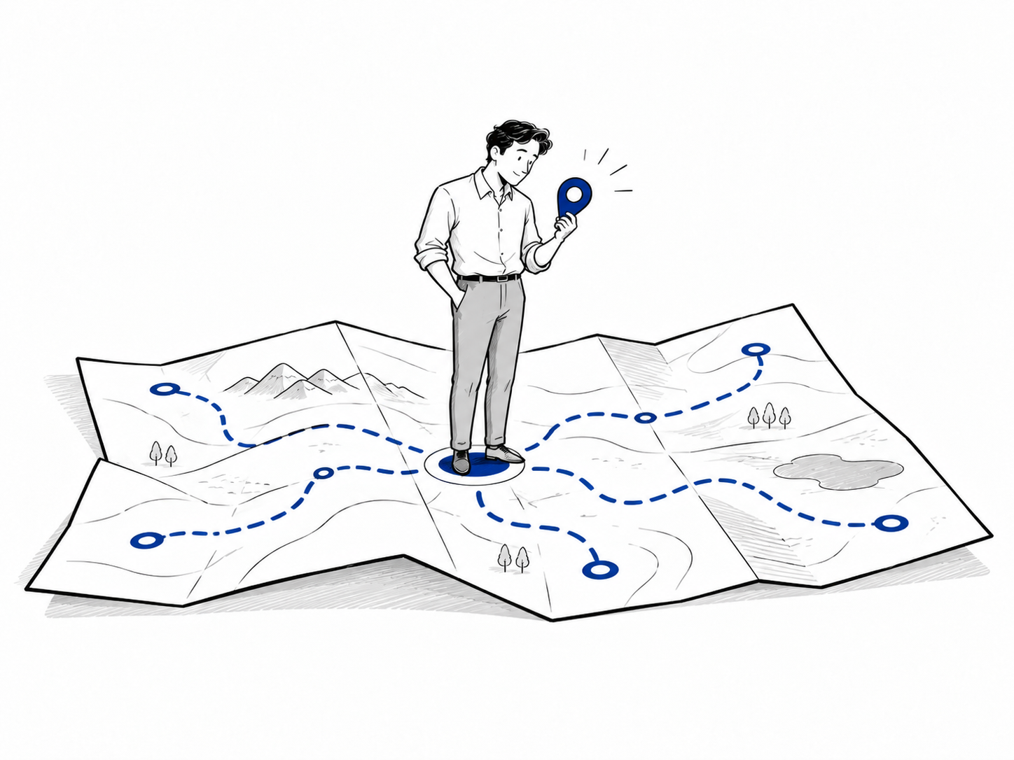 A professional navigating branching career paths on a map with a blue location marker.