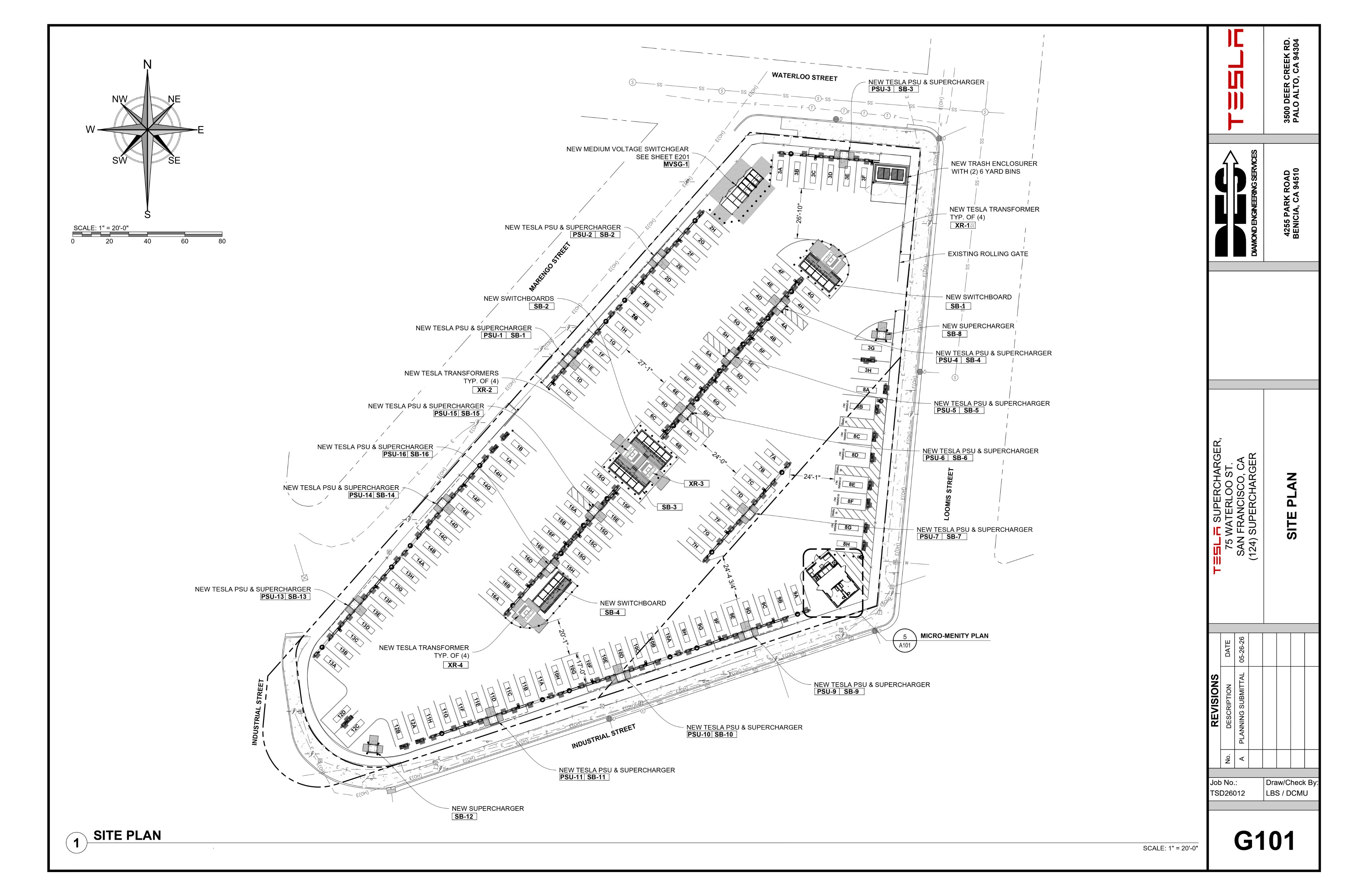 Site plan for proposed 124-stall Tesla V4 Supercharger at 75 Waterloo Street