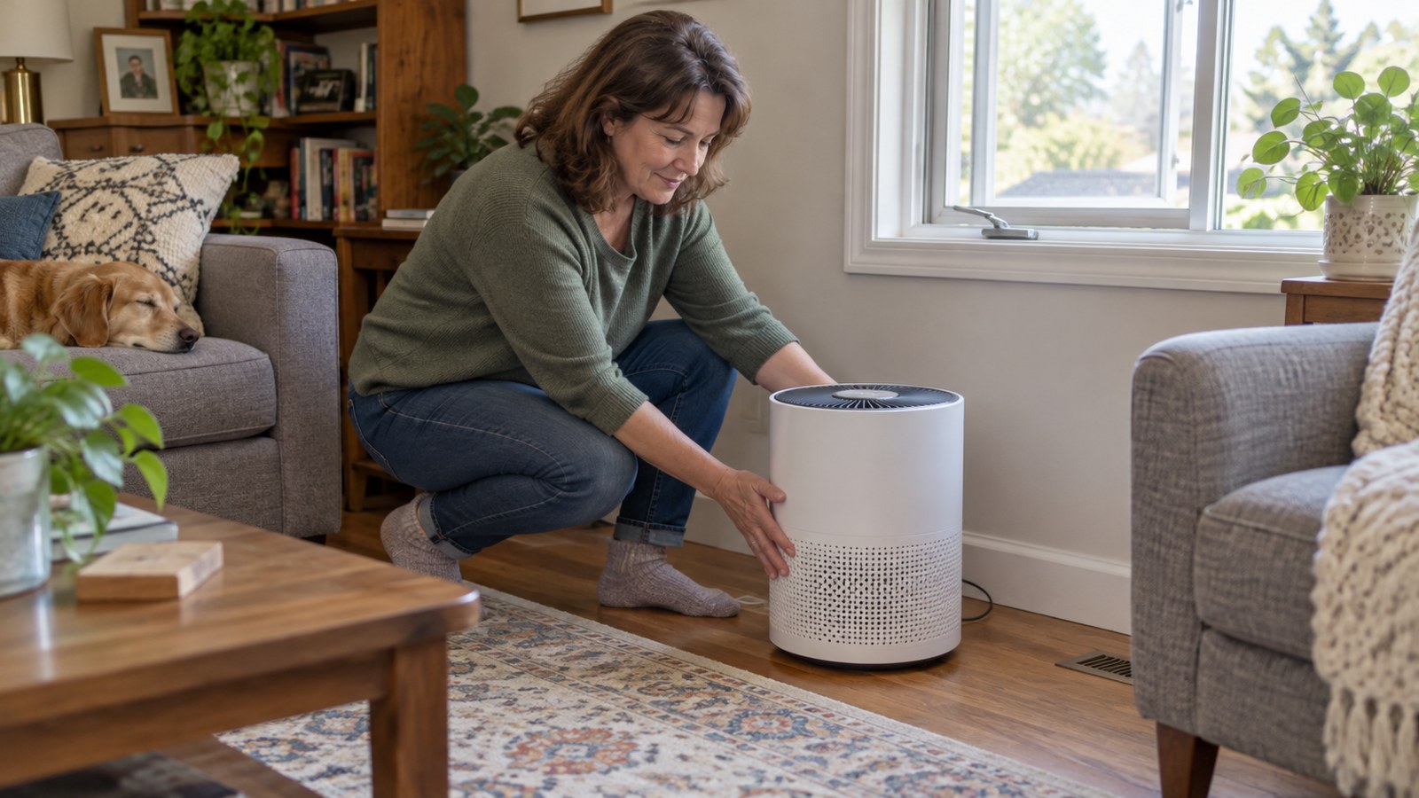 A middle-aged woman in her lived-in modest living room setting a small portable HEPA air cleaner with space around its intake away from chairs, a slightly opened safe window in background. No candle, no hospital.