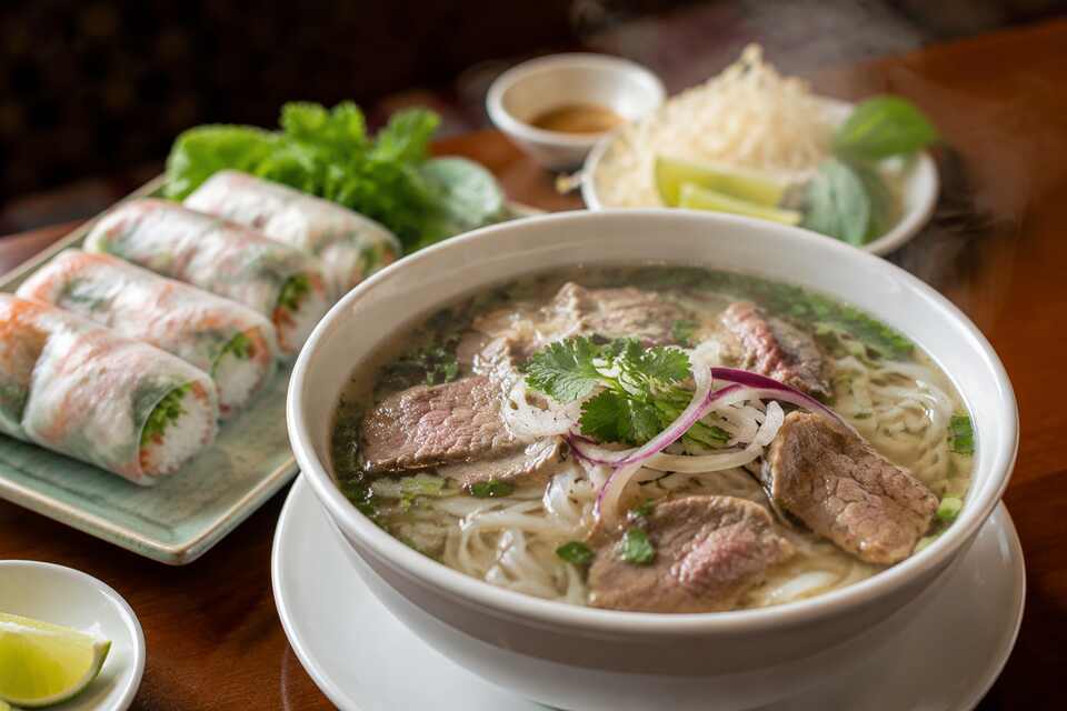 A steaming bowl of Vietnamese beef pho with herbs and fresh rolls in Richmond BC