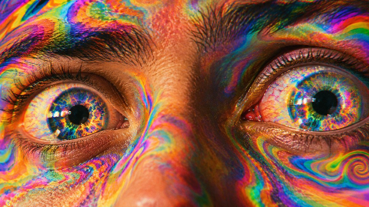 Close-up of wide eyes surrounded by swirling psychedelic colors