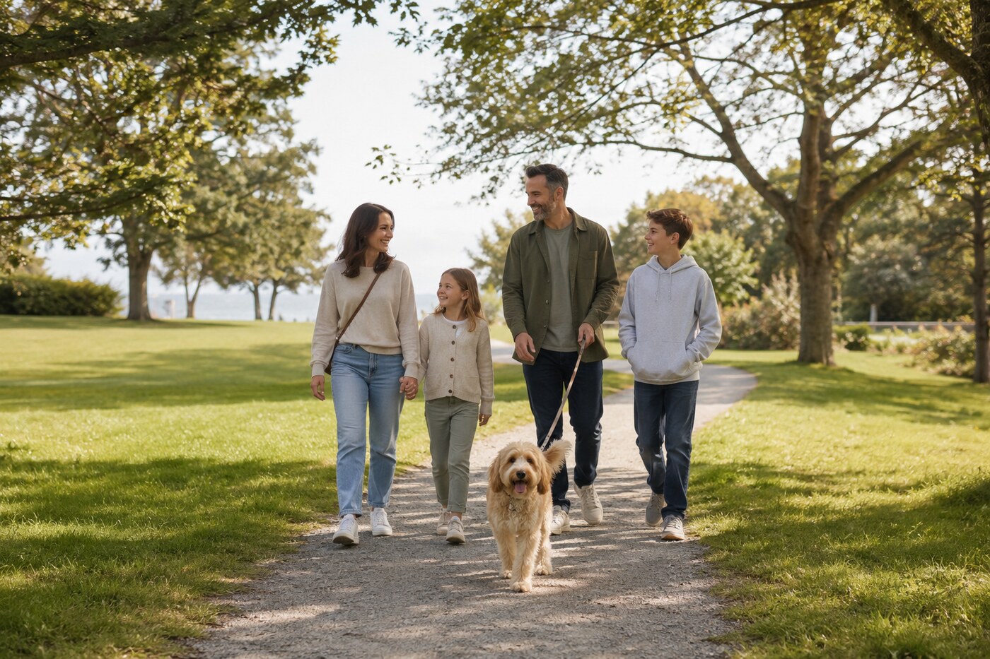 Leashed dog walking with its owner along a leafy coastal park path