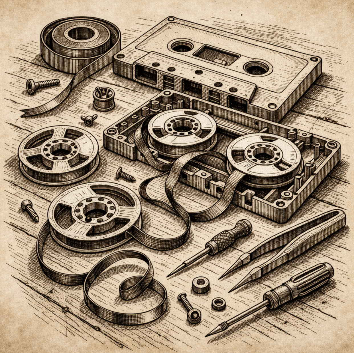 Vintage cassette tape components, reels, magnetic tape, and assembly tools arranged on a workbench, no people, no text