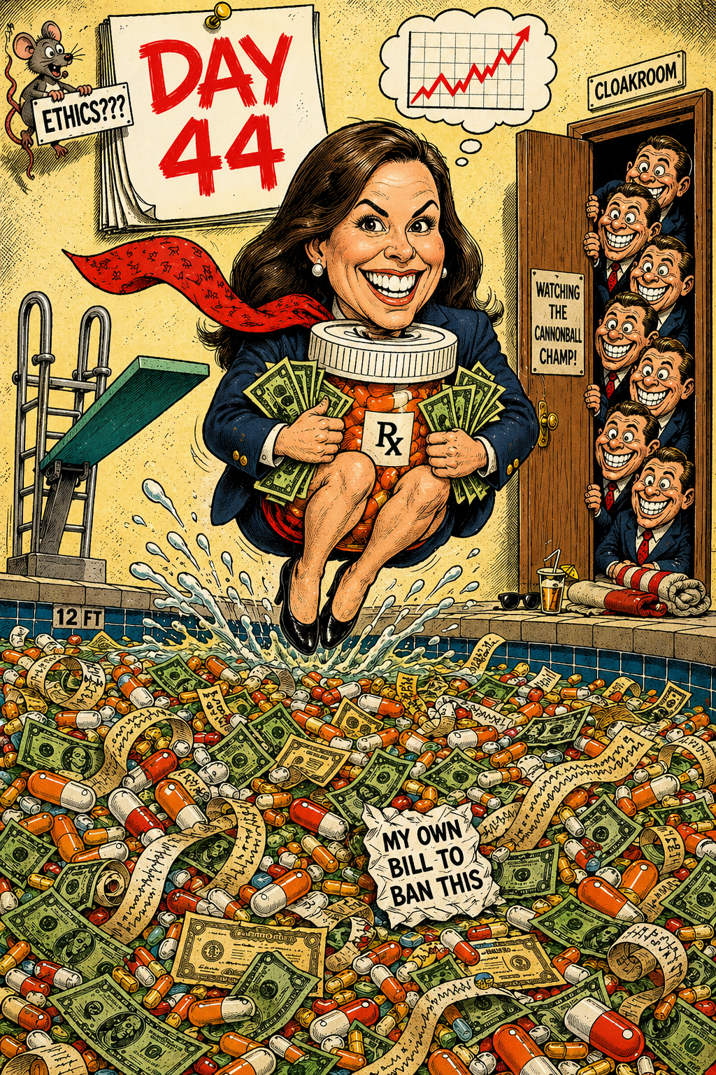 A MAD Magazine-style satirical cover illustration: an exaggerated cartoon caricature of Sen. Ashley Moody mid-cannonball into a swimming pool filled with prescription pill bottles, dollar bills, and stock-ticker tape. A 'DAY 44' calendar page above her in fire-engine-red Sharpie. Florida state flag draped from the diving board. Eight identical Senator archetypes peeking from a cloakroom door behind her.