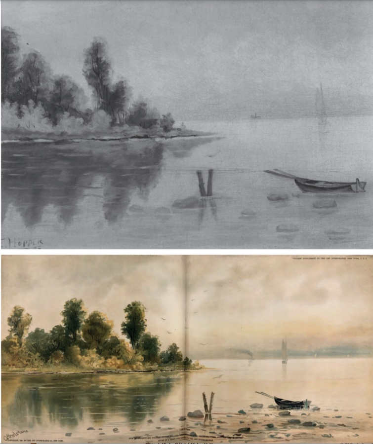 Two paintings of a calm misty inlet with a rowboat near stones and posts, trees on the left, and a sailboat in the distance, one gray and one colorful