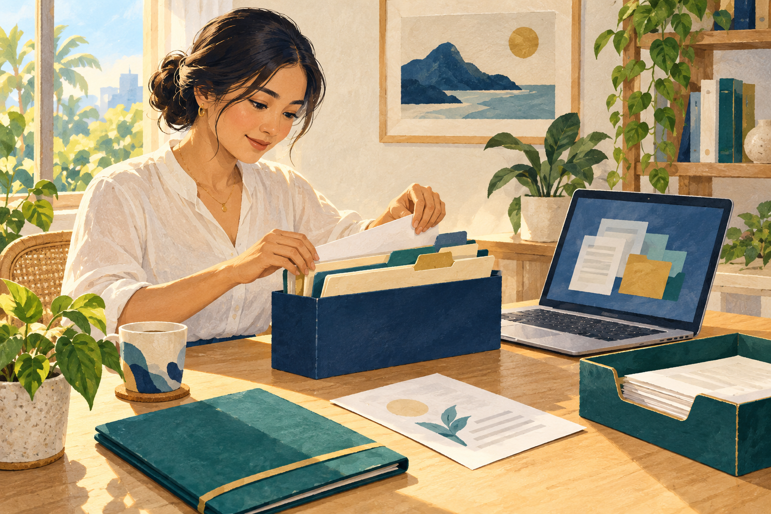 Original illustration of a woman organizing folders beside a laptop before handing over a document.