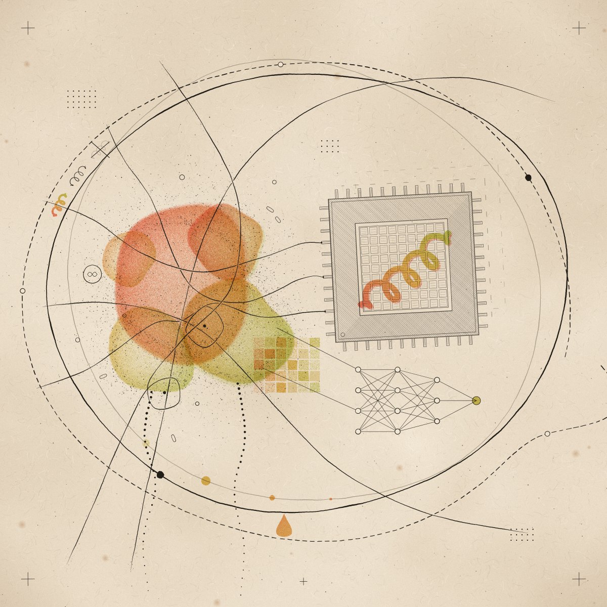 An abstract square print: overlapping coral, yellow and green forms tangled in curving threads, entangled with an AI chip, a neural-network lattice and a pixel grid, all circled by loose crossing loops.